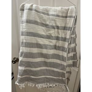 INUP Home Fine Linens Gray Stripe Fringe Throw Blanket 67 x 54” Cotton Portugal